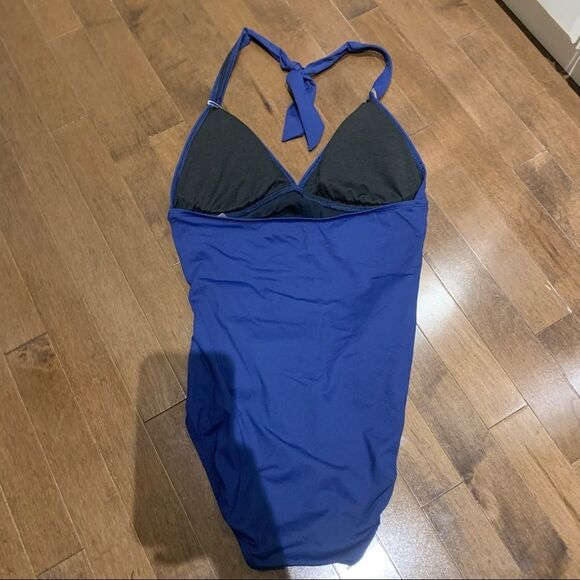 Chaps Ralph Lauren NWT ink blue one piece halter top slimming swimsuit size 8 - Picture 2 of 12